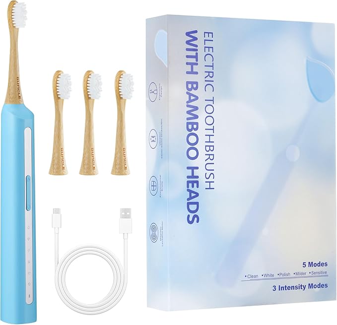 Bamboo Electric Toothbrush丨Rechargeable Electric Toothbrush with 4 Bamboo Heads Soft Castor Oil Bristles5 Moedes&amp3 Intensities 45 Days Battery Life IPX7 Waterproof-Light Blue