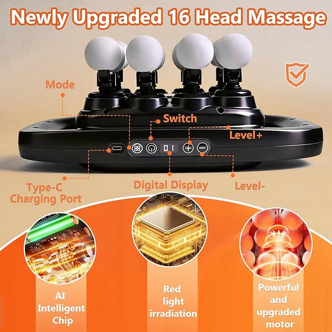 16-Head Massage Gun-Professional Deep Tissue Massager for Thighs Arms Waist Back Muscle Tension Relief Electric Percussion Massage Gun with 3 Modes &amp 30-Speed Touch Screen Adjustment