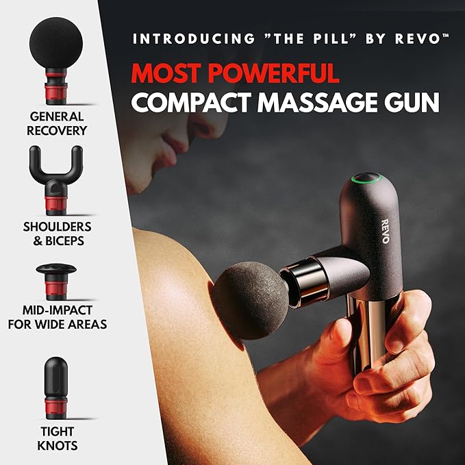 The Pill by REVO - Handheld Deep Tissue Electric Massage Gun with 4 Attachments - Powerful Sleek Ergonomic Lightweight - Compact and Easy to Hold Percussion Muscle Massager