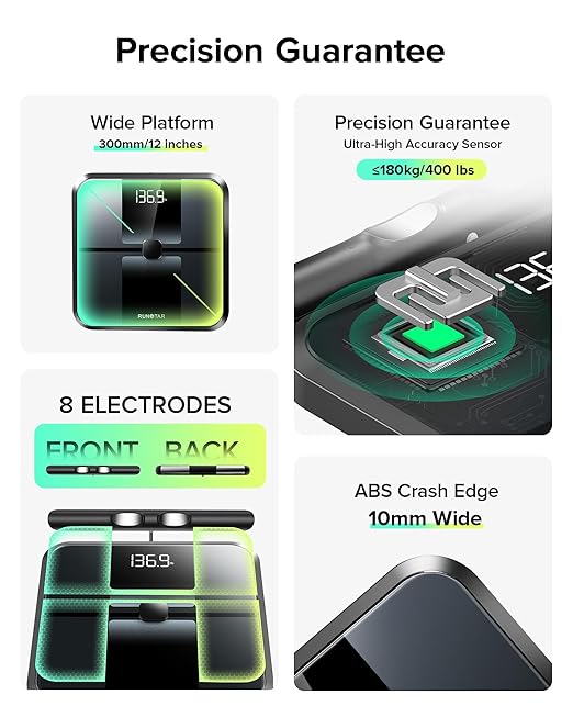 RunStar Smart Scale for Body Weight Full-Body Bathroom Scale with 8 Electrodes for BMI Muscle Mass 3-Metric Display High-Accuracy Body Composition Monitor with 28 Metrics &amp App Connectivity Bl