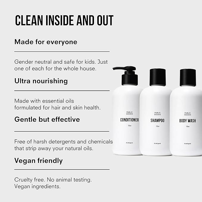 Public Goods Shower Essentials for Men and Women | Natural Shampoo Conditioner &amp Body Wash | Made with Organic Essential Oils | Sulfate &amp Paraben Free | Vegan Friendly | 12 Fl Oz Bottles