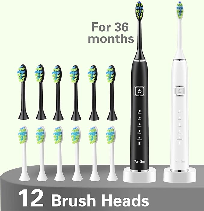 7AM2M Sonic Electric Toothbrush with 6 Brush Heads for Adults and Kids One Charge for 90 Days Wireless Fast Charge 5 Modes with 2 Minutes Built in Smart Timer Electric Toothbrushes (Black&ampWhit
