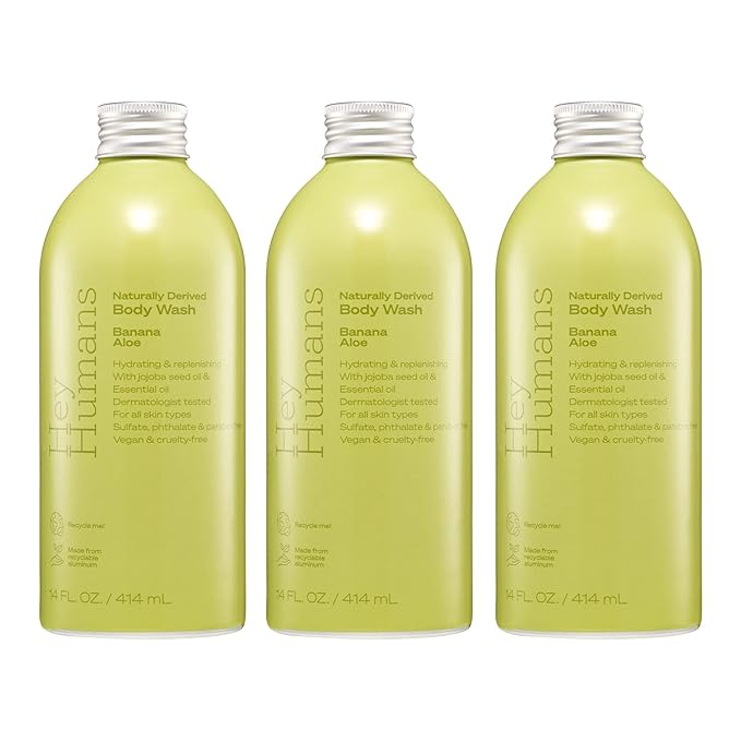 Hey Humans Banana Aloe Moisturizing Body Wash with Natural Ingredients &amp Jojoba Oil | Clean Vegan Sulfate Free Bath &amp Body Wash for Women &amp Men | Recyclable Bottle 14 fl. oz. - Pack of