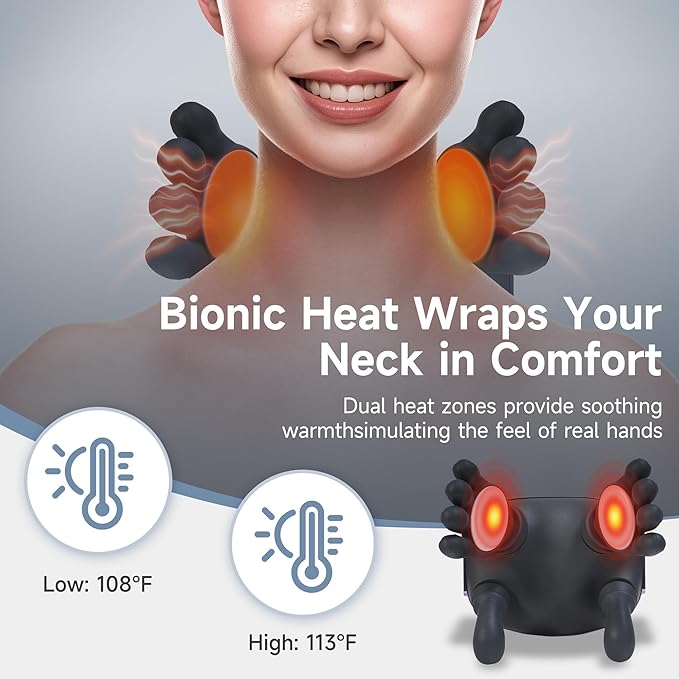 Neck Massager Bionic Heated Massager Portable Shiatsu Neck and Back Massager Electric Deep Tissue 4D Kneading Massage Simulated Human Hand Design for Pain Relief and Muscle Relax (Black)