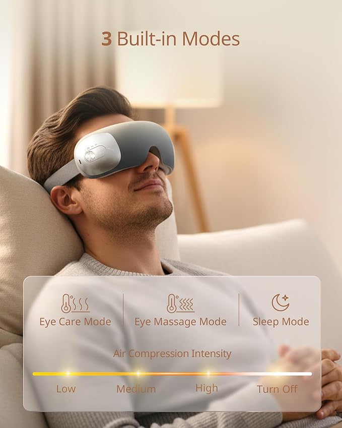 Ultra Light Eye Massager with 2 Level Heat 120 Mins Uses 3 Air Compression &amp Massage Modes Heated Eye Mask with Bluetooth Music for Migraine Relief Strain and Dry Eyes Eye Relief for Women Me