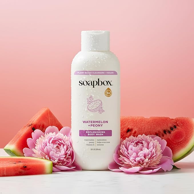 Soapbox Body Wash Watermelon + Peony Body Wash for Women Men Vegan &amp Antioxidant Rich Exfoliating Moisturizing Soap with Shea Butter Peptides &amp Keratin Promoting B3 3 Pack 20oz Each