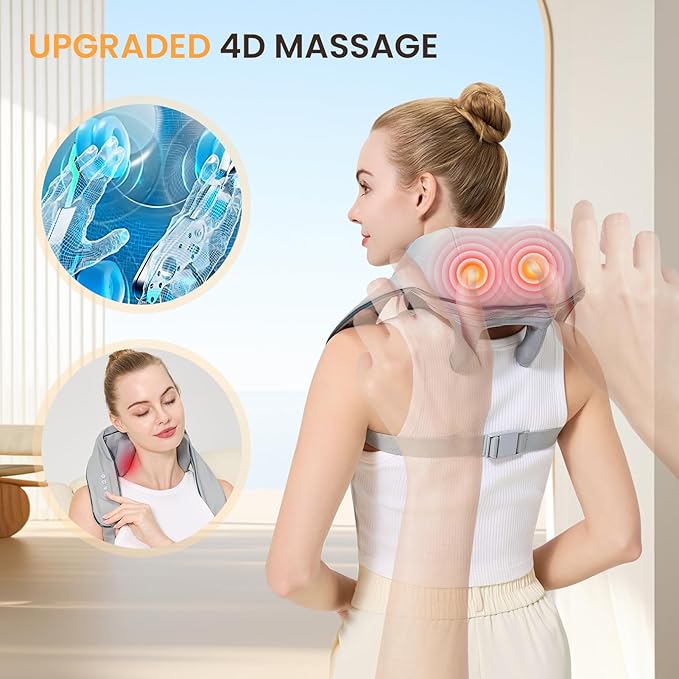 4D Wireless Deep Tissue Kneading Neck Massager with Heating Function Shiatsu and Shoulder Massage PillowBack and Leg Pain Relief Body Muscle Pain Relief Perfect Gifts for Men Women. (Grey)