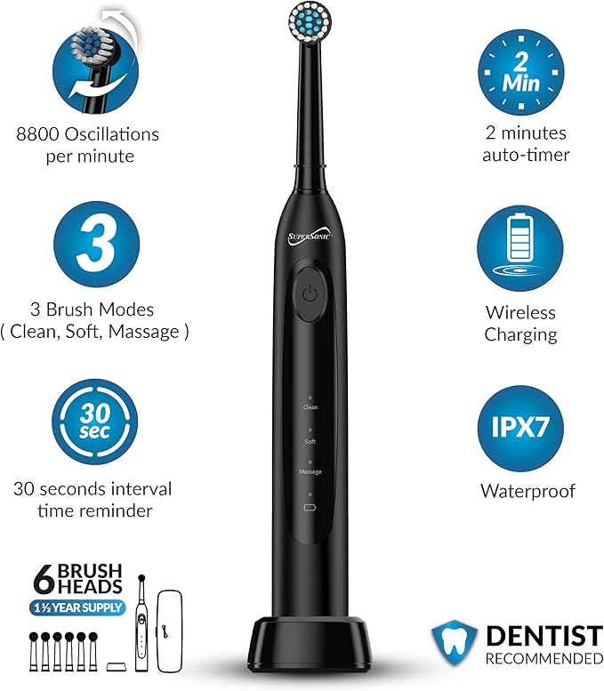 Supersonic TB-1000 Sonic Zoom+ Advanced Rotating Electric Toothbrush | 8800 OPM | Wireless Charging | 3 Cleaning Modes | 6 Brush Heads | Auto Timer | Travel Case | Black