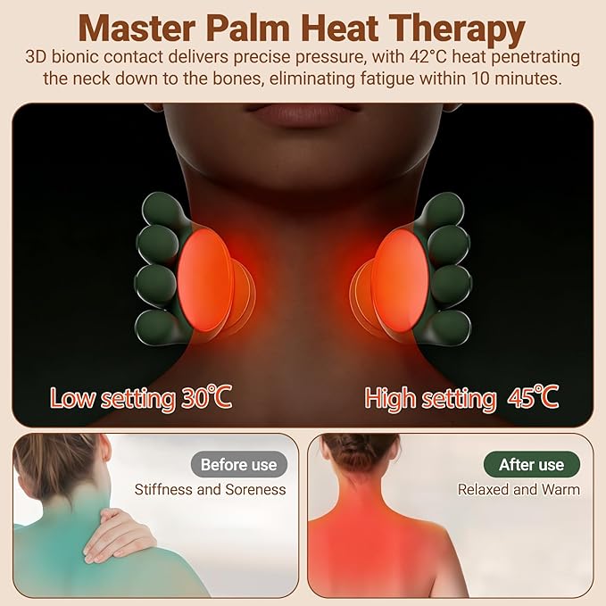 Neck Massager with Heat Simulating Authentic Palm-Style Neck and Shoulder Massage 4D Kneading Massage Relieves Fatigue and Relaxes Muscle Tension(Green)