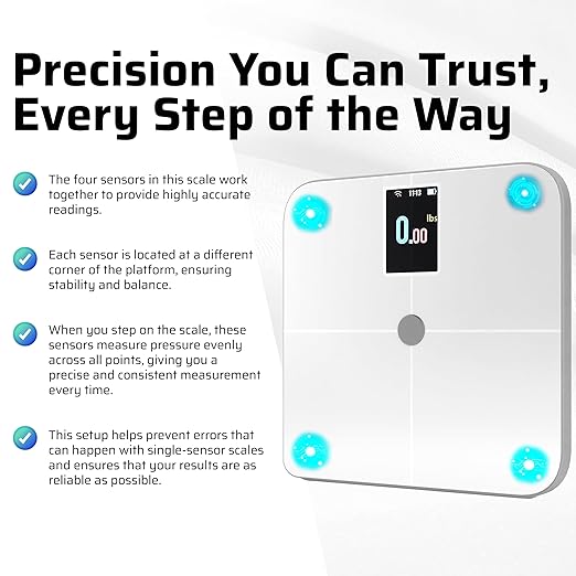 Premium Smart Digital Body Weight Scale - 4 Electrodes – 25+Metrics -Rechargeable- WiFi &amp Bluetooth - Full Body Analysis -Track Body Fat Muscle Mass Fat Percentage Sleek Design