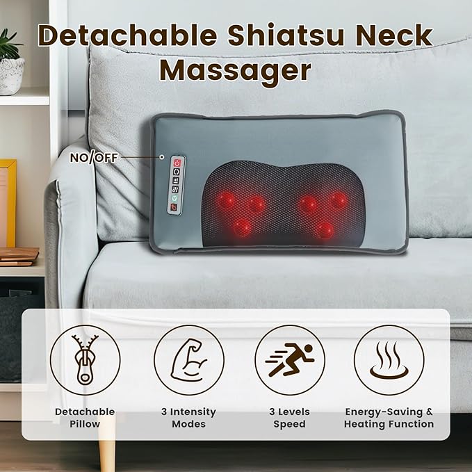 Flannel Full Body Massage Mat Heat Massage Pad with Detachable Shiatsu Neck Massager Multifunctional Massage Chair Pad with Carry Bag Earplugs Anti-Slip Bottom for Office Home