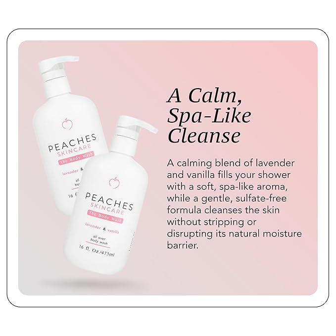 Peaches Skin Care Body Wash with Lavender and Vanilla - Gentle Sulfate-Free Cleanser for Soft Smooth-Looking Skin - Daily Body Wash for Men and Women 16 oz