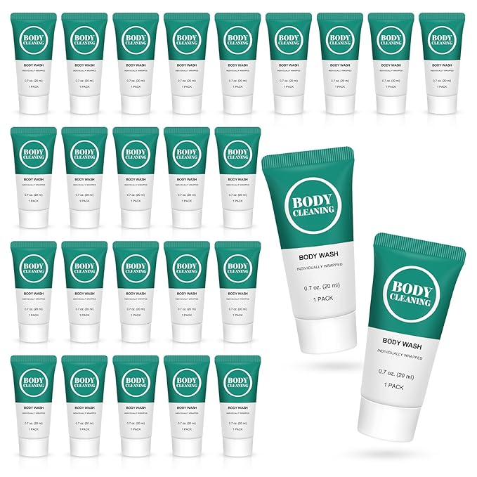 Travel Size Body Wash Mini Shower Gel Set 20 ml Individually Wrapped Bulk Trial Sample Small Single Use Toiletries Amenities Kit for Men &amp Women for Hotel/Camping/Homeless 0.7 Fl Oz (Pack of 60)