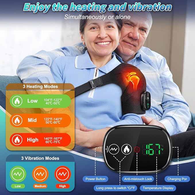 Cordless Heated Shoulder Brace with Vibration 3 Heat &amp Massage Settings Shoulder Heating Pad for Pain Relief Adjustable Shoulder Warmer for Men and Women(Black)