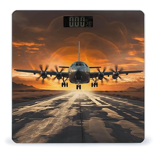 Military Plane Landing on Airforce Runways Against Beautiful Dusky Sky Bathroom Scale Rounded Smart Scale for Body Weight Automatic Power On/Off Weight Scales Accurate Bathroom Digital Scales for Pet