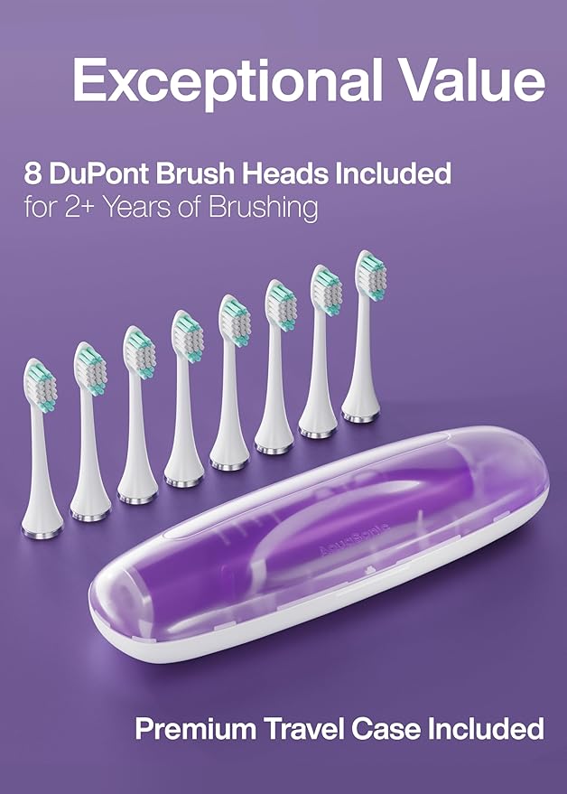 Aquasonic Vibe Series Ultra-Whitening Toothbrush – ADA Accepted Electric Toothbrush - 8 Brush Heads &amp Travel Case – 40000 VPM Motor &amp Wireless Charging - 4 Modes w Smart Timer – Satin Violet