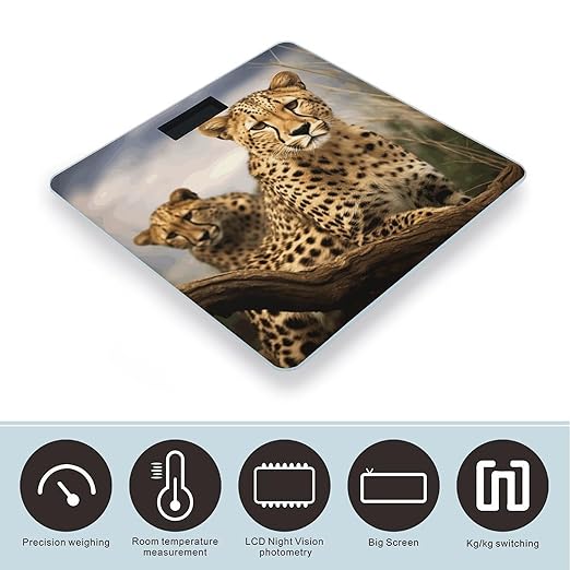 Cool Leopard Scale for Body Weight Safe Rounded Corners Tempered Glass Digital Bathroom Scale LED Display 400lb Capacity Weight Scales with High Precision Sensors