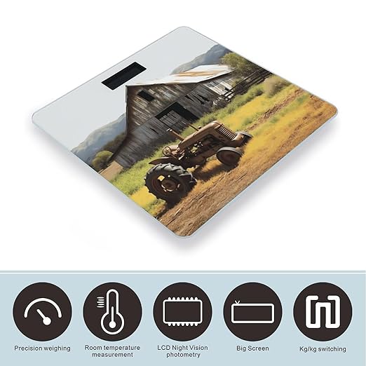 Old Wooden Barn with Rusted Tractor Weight ScaleClear LED Display Bathroom Digital Weighing ScaleTempered Glass Digital Bathroom Scale for Body Weight Capacity Up to 400 Lbs