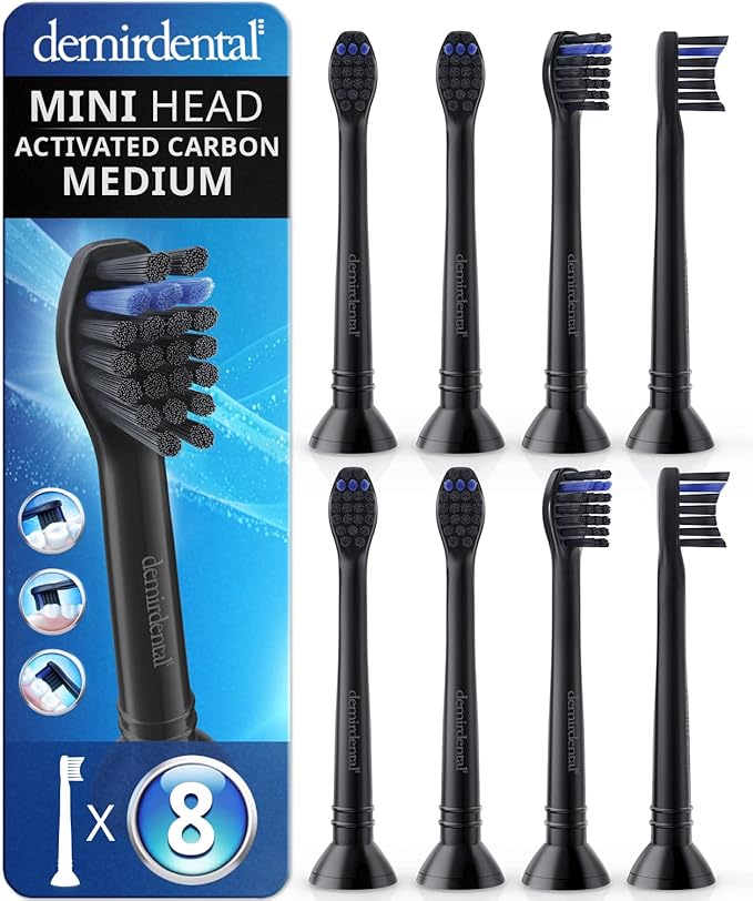demirdental Active Charcoal Mini Medium Replacement Brush Heads Compatible with Philips Sonicare – Small Black Toothbrush Heads for Daily Natural &amp Precision Cleaning – Replaces HX4088mb – 8 Pack