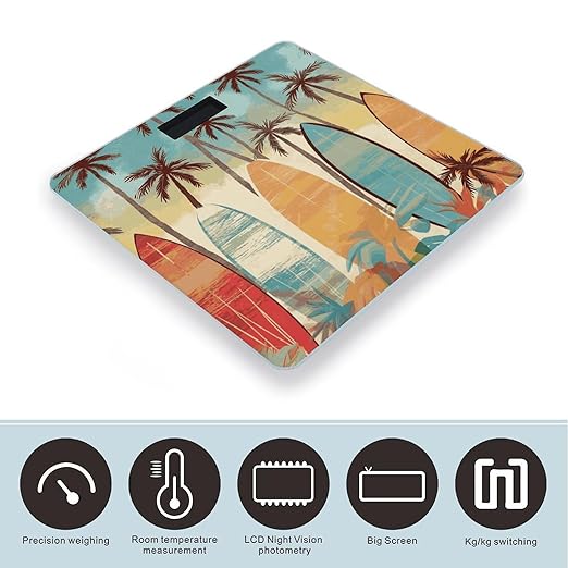 Surfboard Palm Tree Bathroom Scale Weight Scale for Body WeightHighly Accurate Digital Weighing Machine Clear LED Display Digital Bathroom Body Scale 400lb/182kg