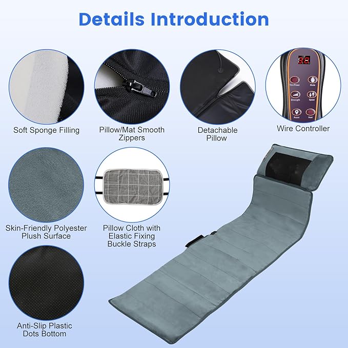 Full Body Massage Mat with HeatMassage Mattress with Shiatsu Neck Massager &amp Movable Neck Back Massager Pillow10 Vibrating Motors9 Massaging Modes &amp Timer for Back Leg Pain Relief