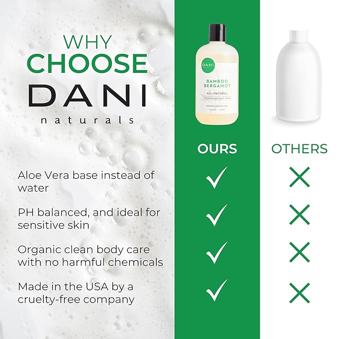 DANI Naturals Moisturizing Body Wash - Refreshing Bamboo Bergamot Scent with Organic Aloe Vera &amp Natural Glycerin - Paraben &amp Sulfate-Free Shower Gel - For Men &amp Women - 12 oz - Vegan &amp