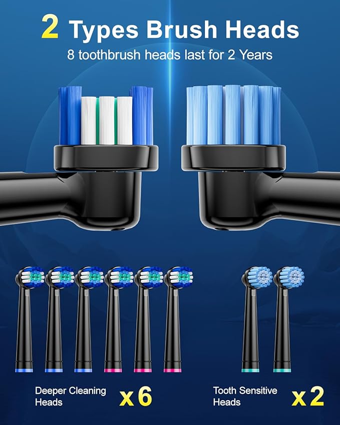Rtauys Rotating Electric Toothbrush for Adults with 8 Brush Heads (2 Types) 5 Modes Rechargeable Power Toothbrush with Travel Case and 2 Minute Smrte Timer