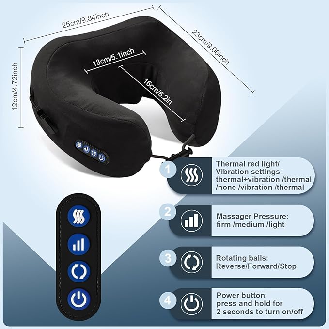 Electric Neck MassagerPortable Heated Kneading Massage Cushion PillowRechargeable Shoulder Neck U-Shaped Massage Shiatsufor Pain Relief at HomeCarOfficeTravel(Black)