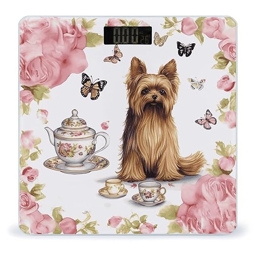 Yorkshire Terrier Tea Party Butterflies Roses Bathroom Scale Automatic Power On/Off Body Scales LCD Backlight Display Square Digital Scale Rounded Corners Bathroom Scales for Home Bedrooms