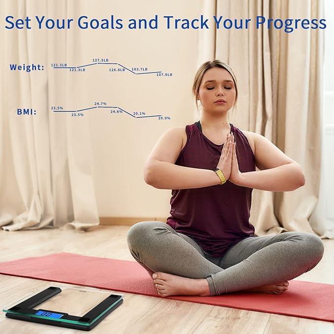 Vitafit 550lb Digital Bathroom Scale for Body Weight and BMI Via Smart APP High Accuracy Assured by Weighing Professional Since 2001 8mm Tempered Glass Extra Large Blue Backlit LCD Black