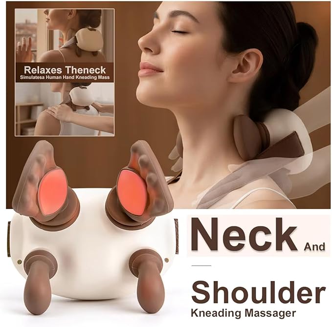 Heated Neck Massager Wireless Portable Shiatsu Neck and Back Massager 4D Kneading Massage Simulated Human Hand Design for Muscle Relax Gifts to Men Women