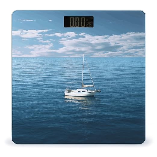 White Boat on Blue Sea Digital Bathroom Scale for Body Weight Weighing Scale with Backlit LCD Display High Precision Measurements &amp Measures Weight Up to 180kg