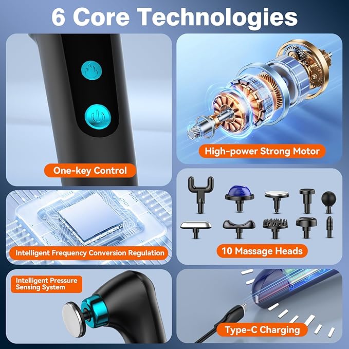 Deep Tissue Massage Gun for Women Men Folding Massage Gun with Heat &amp Cold Therapy for Pain Relief &amp Muscle Recovery Portable Handheld Back Massagers 9 Speeds 10 Attachments