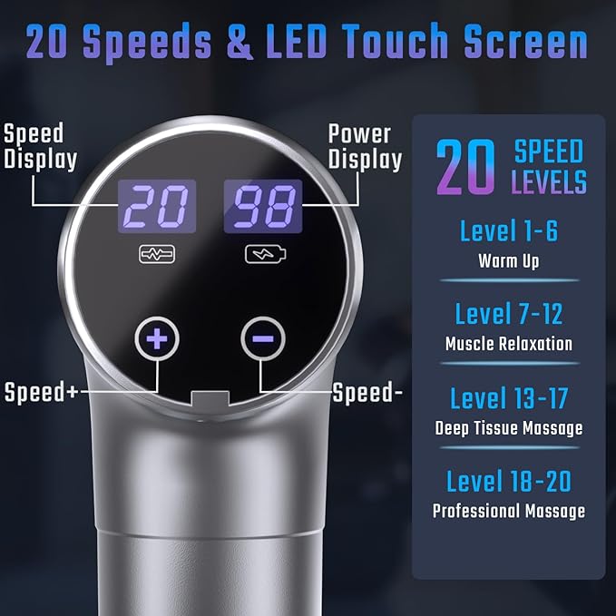 cotsoco Massage Gun Deep Tissue Muscle Massage Gun with 9 Attachment Heads 20 Speeds &amp Silent Brushless Motor for Pain Relief Handheld Percussion Back Massager Gun for Athletes