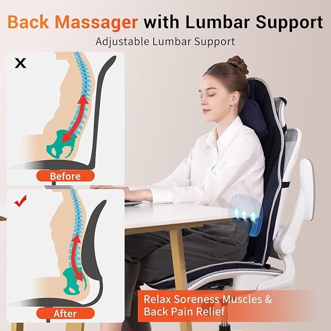 SLOTHMORE Back Massager with Heat Seat Massager for Full Back with 8 Vibrating Motors and 2 Heat Levels Massage Chair Pad with Lumbar Support Suitable for Office/Home/Gift