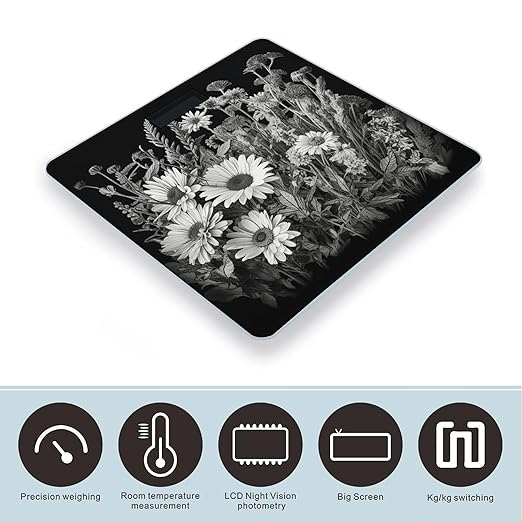 Black and White Flowers Weight ScaleClear LED Display Bathroom Digital Weighing ScaleTempered Glass Digital Bathroom Scale for Body Weight Capacity Up to 400 Lbs