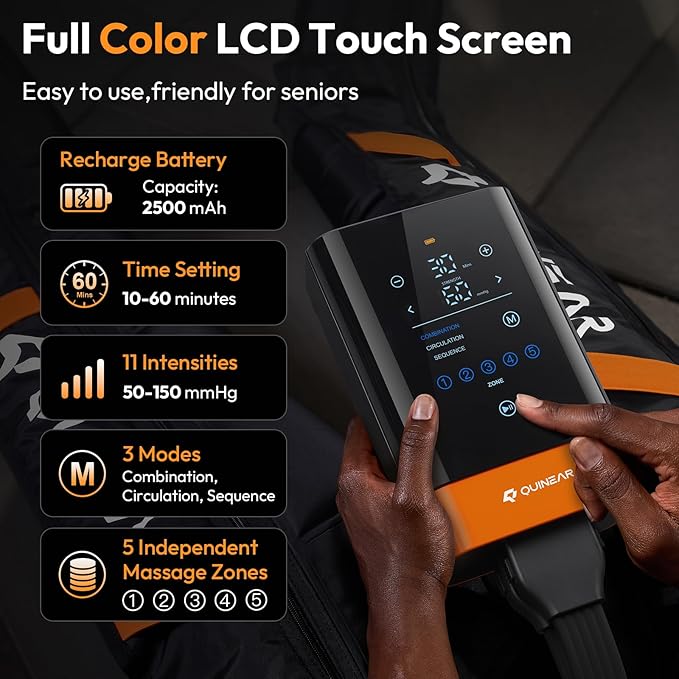 QUINEAR Cordless Leg Recovery System with 5-Zone Air Compression Leg Massager for Circulation with 11 Levels &amp 3 Modes Compression Boots for Athletes Officer Elderly(Large)
