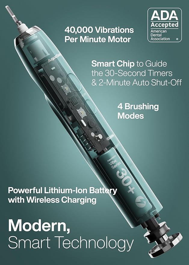 Aquasonic Vibe Series Ultra-Whitening Toothbrush – ADA Accepted Power Toothbrush - 8 Brush Heads &amp Travel Case – 40000 VPM Motor &amp Wireless Charging - 4 Modes w Smart Timer – Mint Green Metal