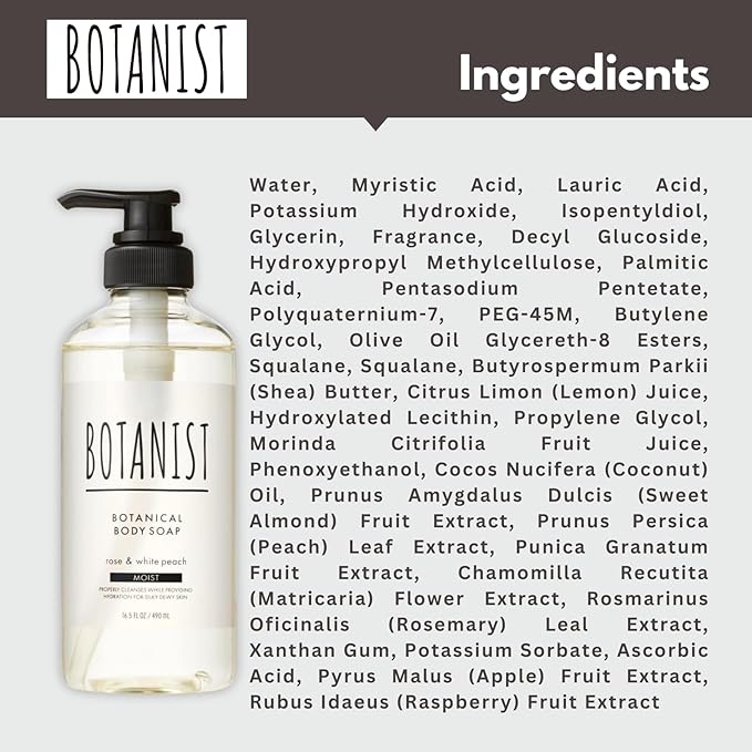 BOTANIST Natural Body Wash for Dry Skin Hydrating Body Wash for Women &amp Sensitive Skin Shower Gel with Shea Butter Sulfate Free Organic Body Wash Made in Japan 16.5Fl Oz ROSE &amp WHITE PEACH 2