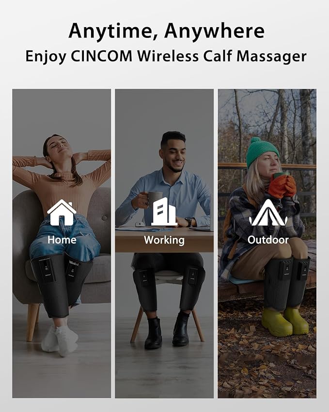CINCOM Leg Massager with Heat and Air Compression Cordless Calf Massager for Circulation and Pain Relief Rechargeable Leg Compression for Edema Relief