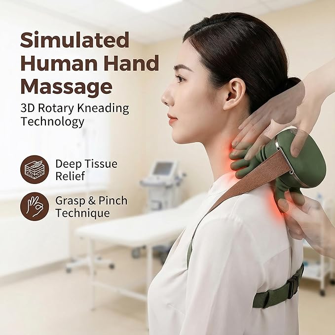 Heated Neck Massager Portable Shiatsu Neck and Back Massager Human Hand-Like Design Deep Massage Pain Relief Muscle Relaxation Electric Neck and Back Massager (Green)