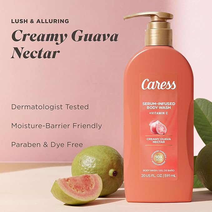 Caress Creamy Guava Nectar Moisturizing Body Wash with Pump Serum-Infused Formula with Vitamin C Fruity Citrus Woody Long Lasting Fragrance Dermatologist Tested 20 fl oz (4 Pack)