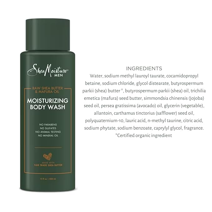 TINY SEED 2-Pack of Shea Body Wash. Raw Shea Butter &amp Mafura Oil Moisturizing Body Wash Cleanser For Men. Two 15 oz. Bottles Bundled with Natural Loofah Exfoliating Body Scrubber.