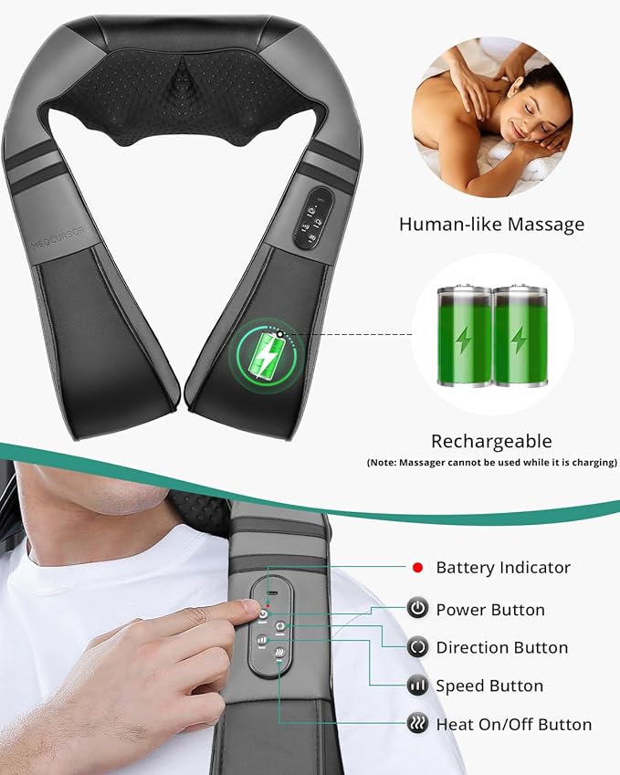 Medcursor Neck Massager with Heat - Deep Tissue Pain Relief Rechargeable Shiatsu Neck and Shoulder Massager Ideal Choice for Men Women Mom &amp Dad