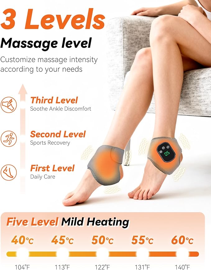 Triple Massager Device Massager for Neuropathy 3 in 1 Ankle Heat Wrap Wireless Portable with 3 Vibration Mode 5 Heat Leavel for Relax Feet (2PCS)