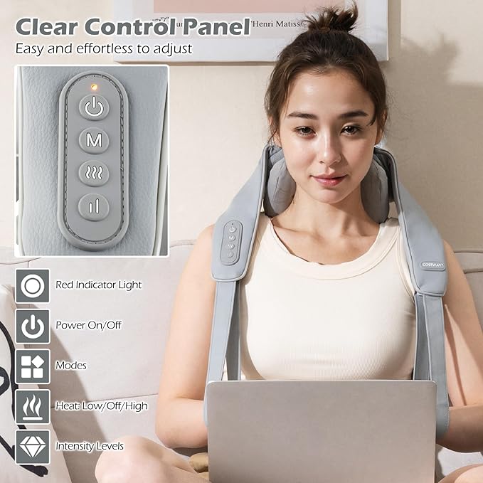COSTWAY Neck Shoulder Massager with Heat 4D Deep Tissue Kneading Shiatsu Machine for Pain Relief Portable Cordless Neck Back Leg Massager Pillow Gift for Mom Dad Family Women Men (Grey)