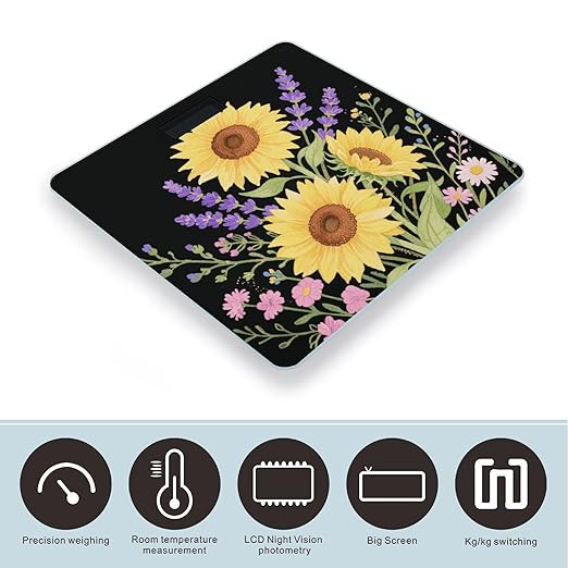 Sunflowers Wild Flowers Weight Scale Large Digital Bathroom Scales with Bright LED Display Non Slip Digital Scale and Step On Fashion Weighing Machine for Body