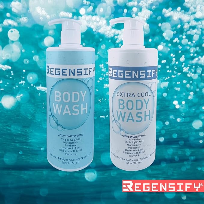 REGENSIFY Red Acne Extra Cool Body Wash 500 ml (17 Fl Oz) [1% Menthol 1% Salicylic Acid Niacinamide Panthenol Hyaluronic Acid Coenzyme Q10 Vitamin E] - Anti Aging Hydrating Icy Shower Gel