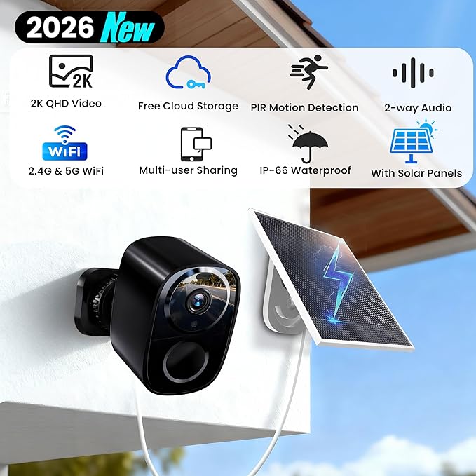 2026 Upgraded 2K Wireless Outdoor Security Cameras with Solar Panels Free Cloud Storage AI Motion Detection Spotlight &amp Siren Alarm 2-Way Talk IP66 Waterproof