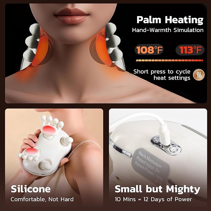 Hand Neck Massager Bionic Hand Massage Cordless Electric 4D Kneading Massager Back Shoulder with Heat-White